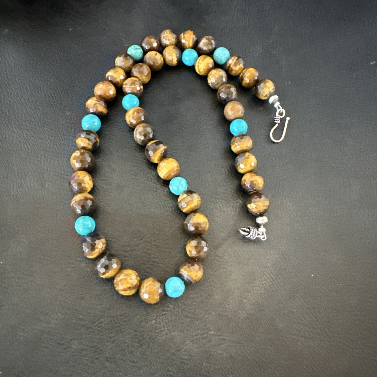 WoMens Tiger Eye Blue Turquoise  Sterling Silver Beads Necklace 19” 18169