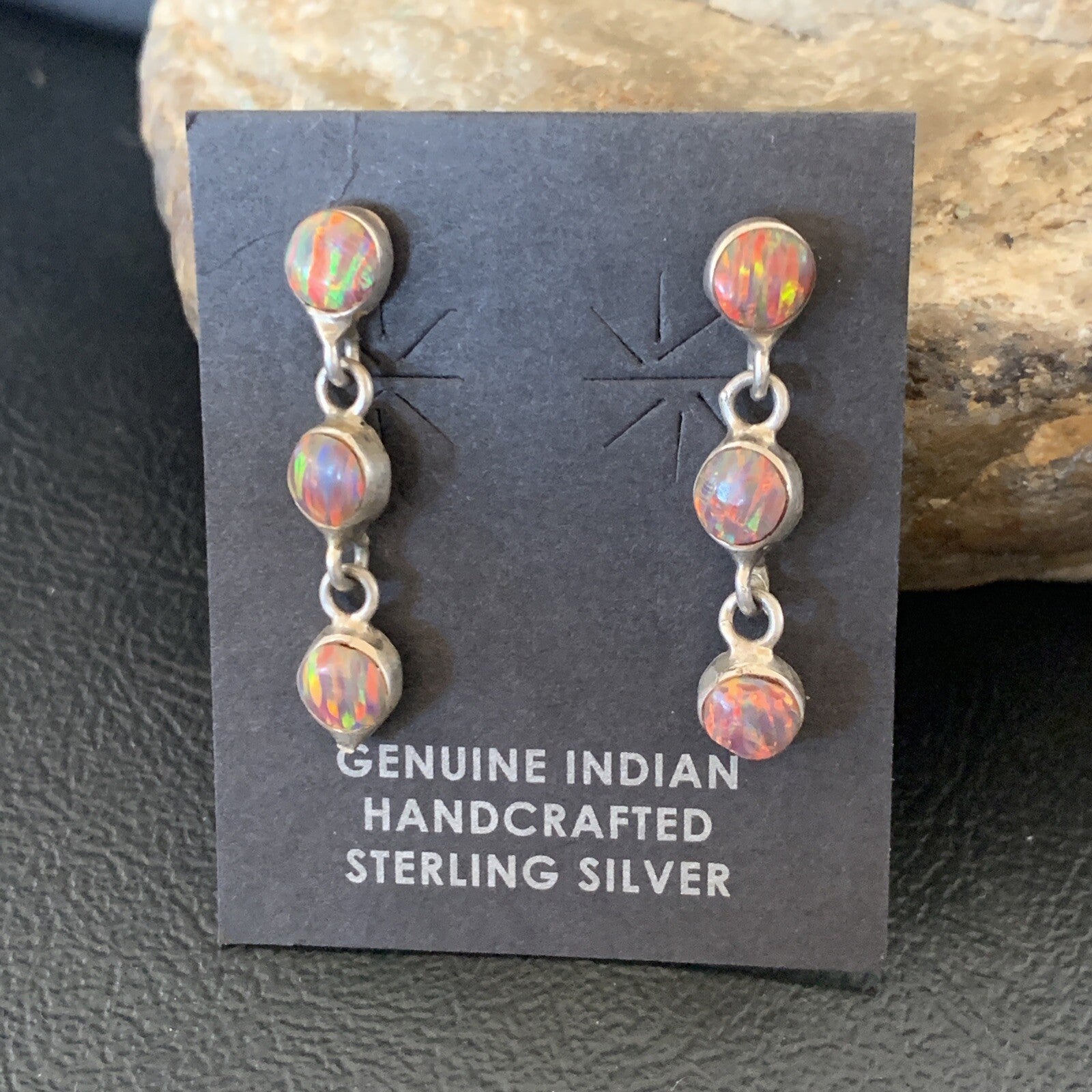 Womens Pink Opal Inlay Navajo Sterling Silver Dangle Post Earrings 1" 12760