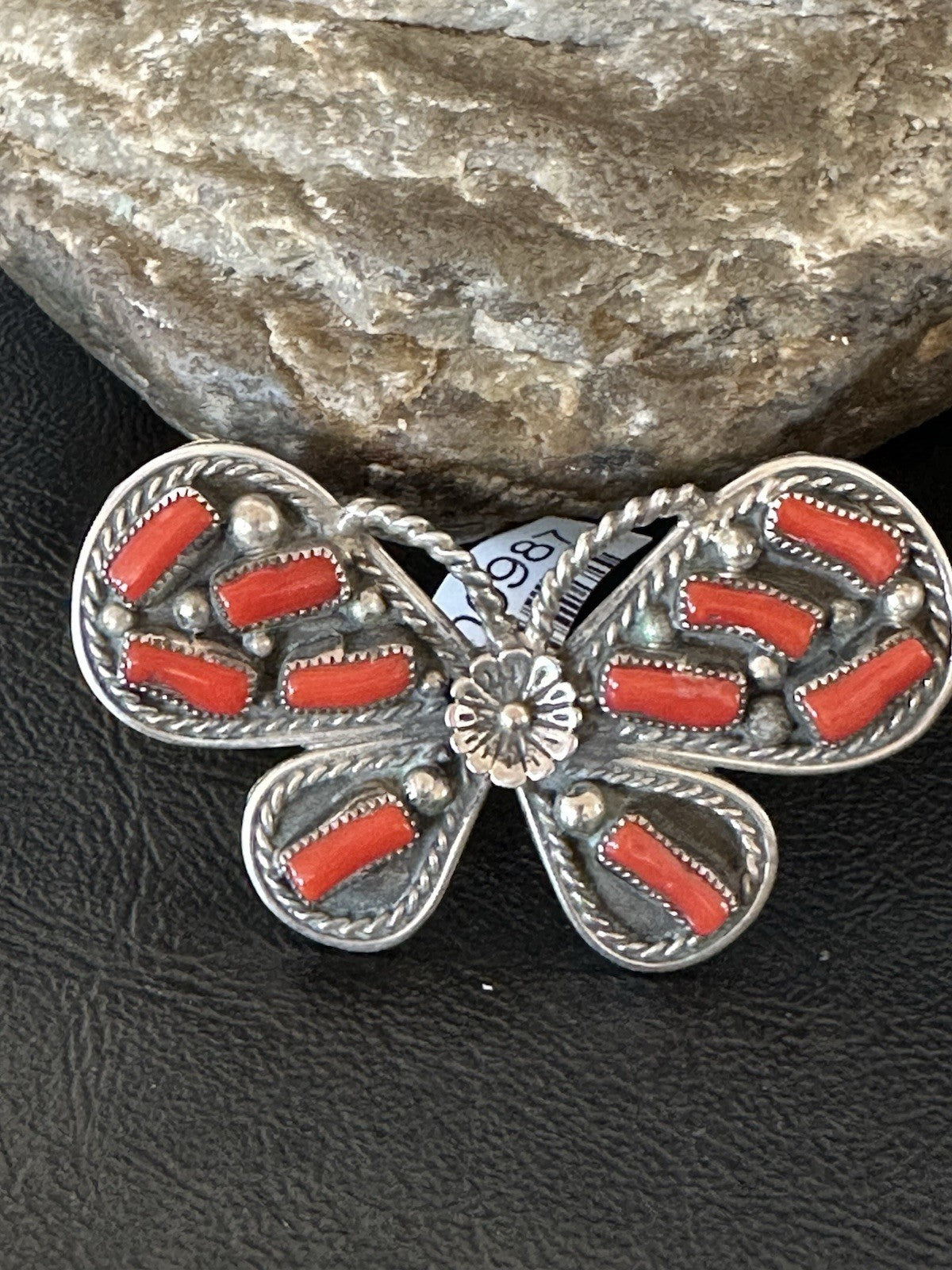 Red Coral Butterfly Sterling Silver Cluster Navajo Ring Size 8 00987