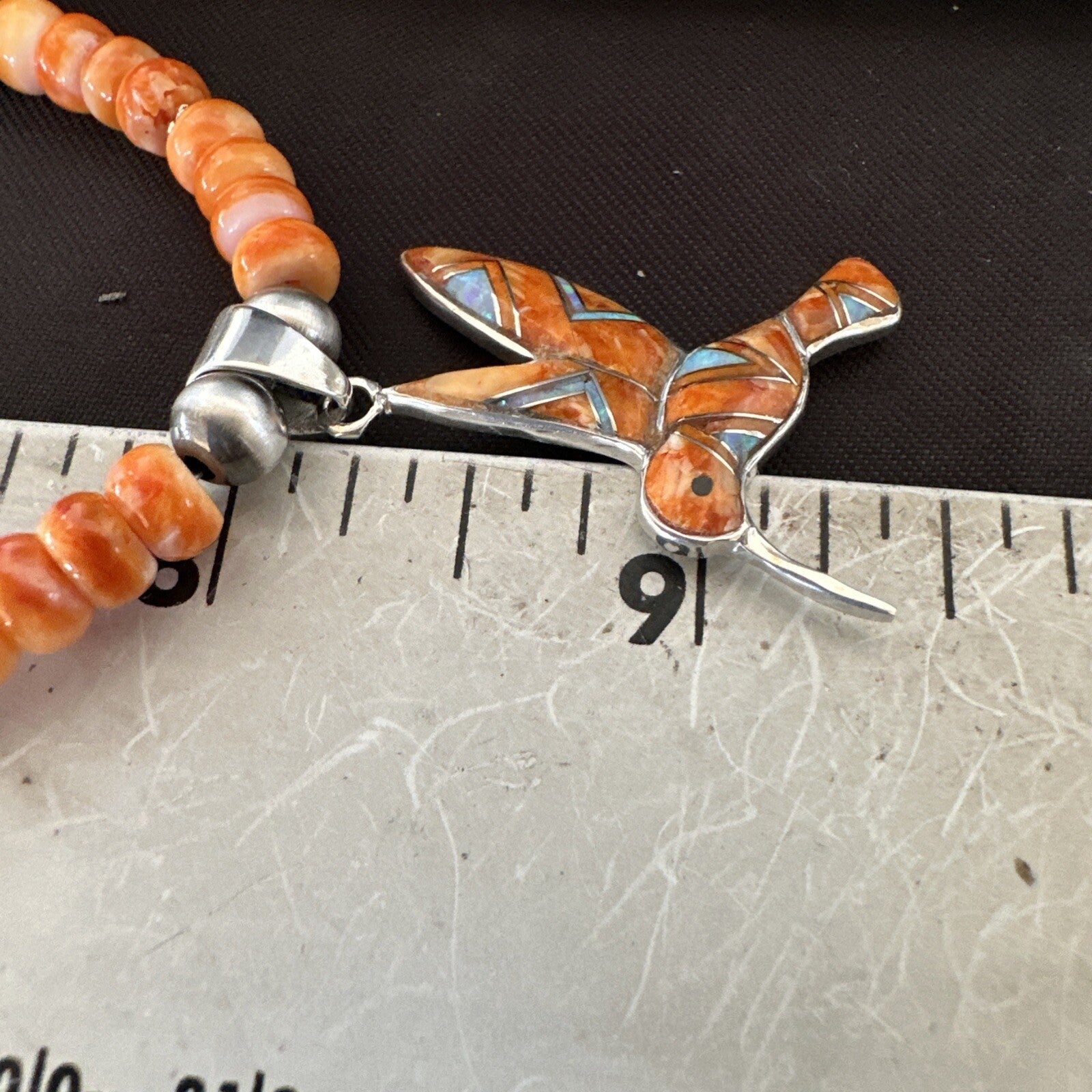HummingBird Orange Spiny Oyster Opal Sterling Silver Necklace Pendant 18675