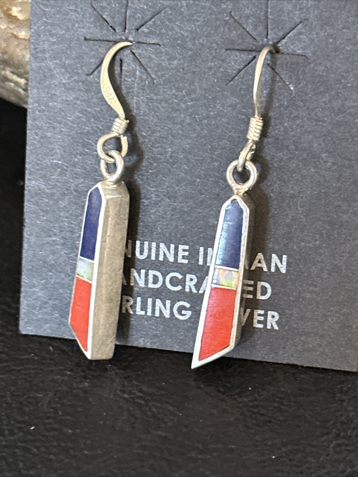 Lapis Opal & Coral Navajo Sterling Silver Inlay Earrings 1” 14766