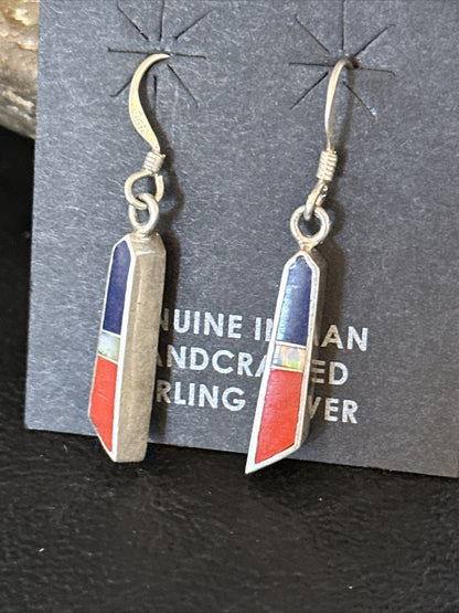 Lapis Opal & Coral Navajo Sterling Silver Inlay Earrings 1” 14766