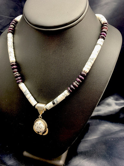 Native  Purple Stone & Howlite Bead Navajo Sterling Silver Necklace 04606