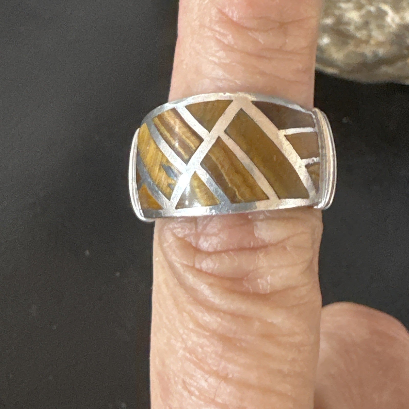 Women Coffee Tigers Eye Navajo Sterling Silver Inlay Ring Size 7 19036
