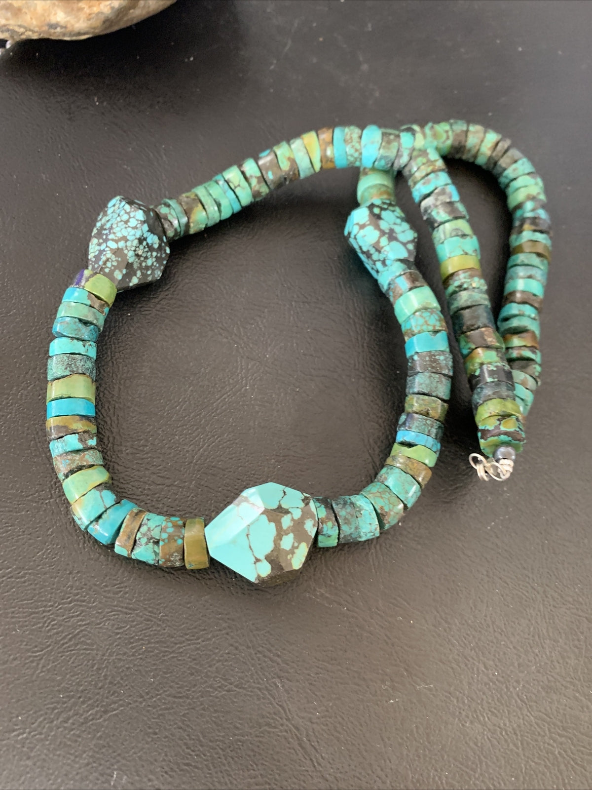 Men Chunky Spiderweb Turquoise Heishi Navajo Sterling Silver Necklace 21” 124506