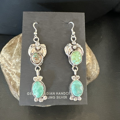 Navajo Green Turquoise Sterling Silver Dangle Earrings 2” 18043