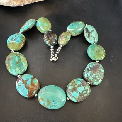 Blue Green Turquoise Nugget Chunky Navajo Sterling Silver Necklace 20” 19250