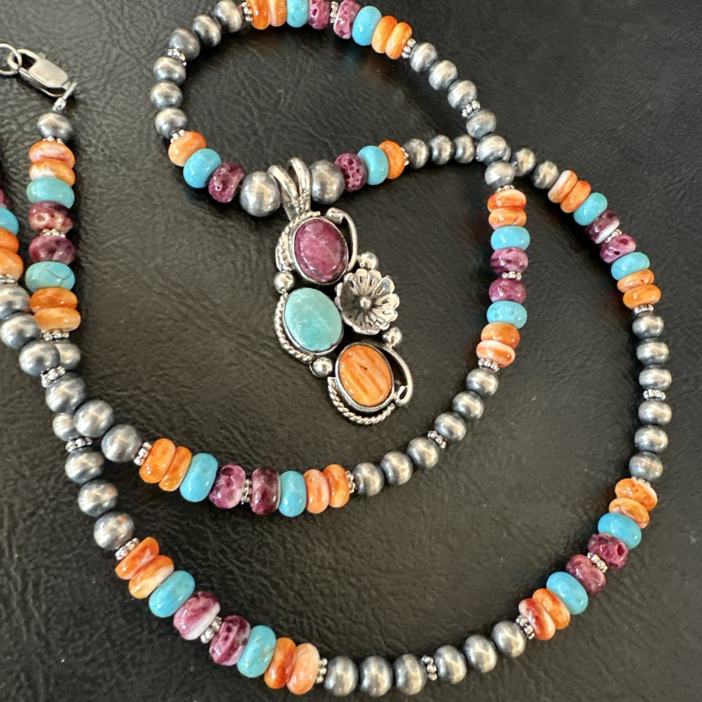 Multicolor Turquoise Spiny Navajo Sterling Silver Cluster Pendant Necklace 19641