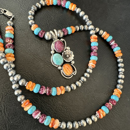 Multicolor Turquoise Spiny Navajo Sterling Silver Cluster Pendant Necklace 19641