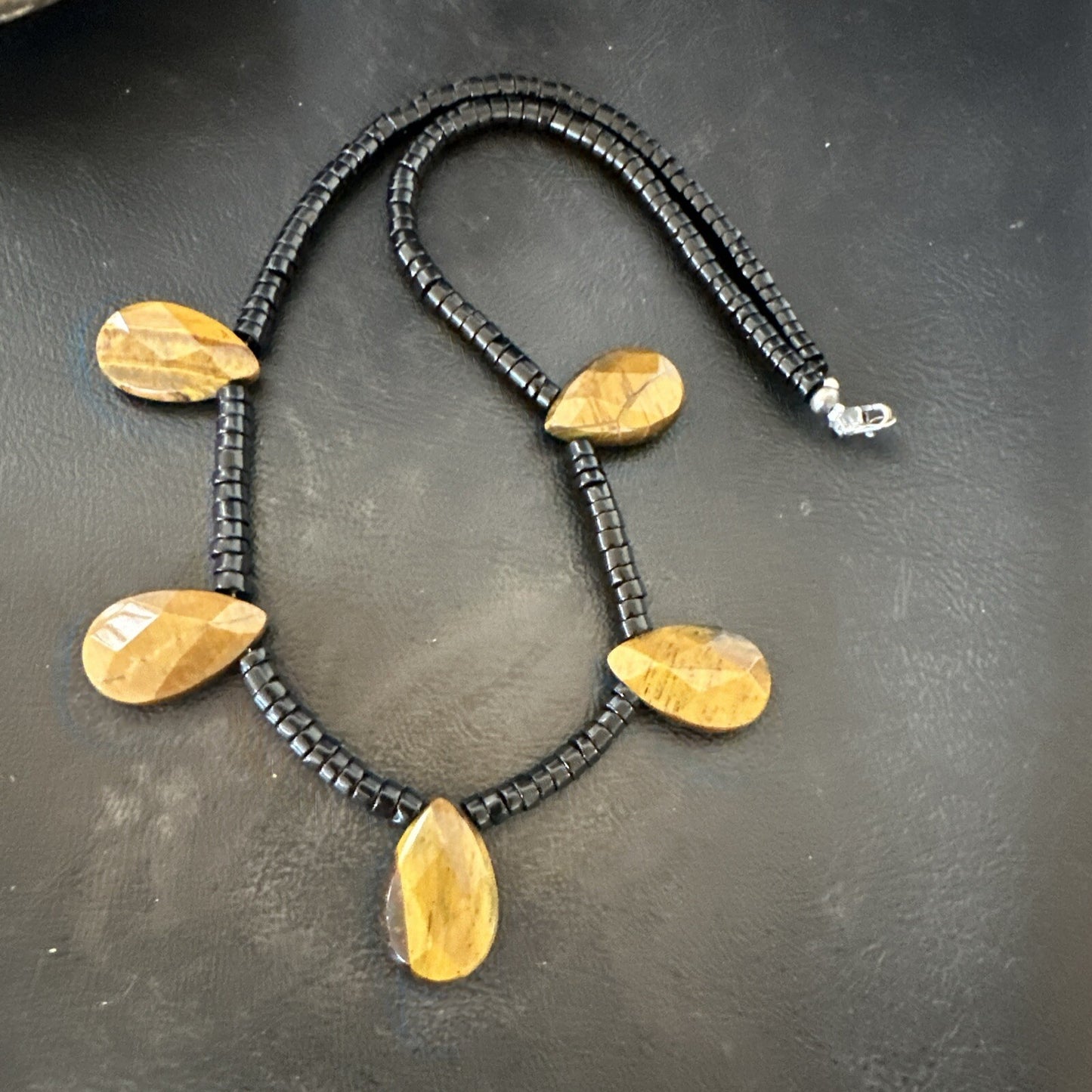 Coffee Brown Tigers Eye Black Onyx Sterling Silver Pendant Necklace 20" 18356