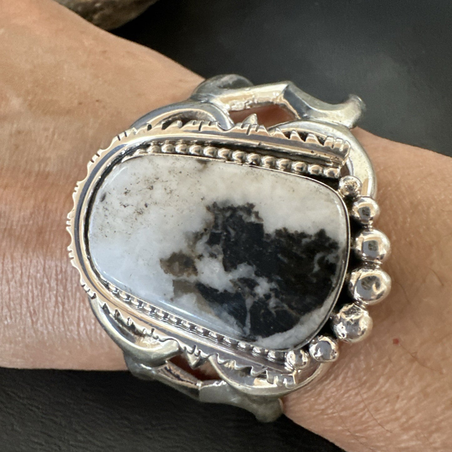 Tufa Cast Men White Buffalo Turquoise Navajo Sterling Silver Cuff Bracelet 19354
