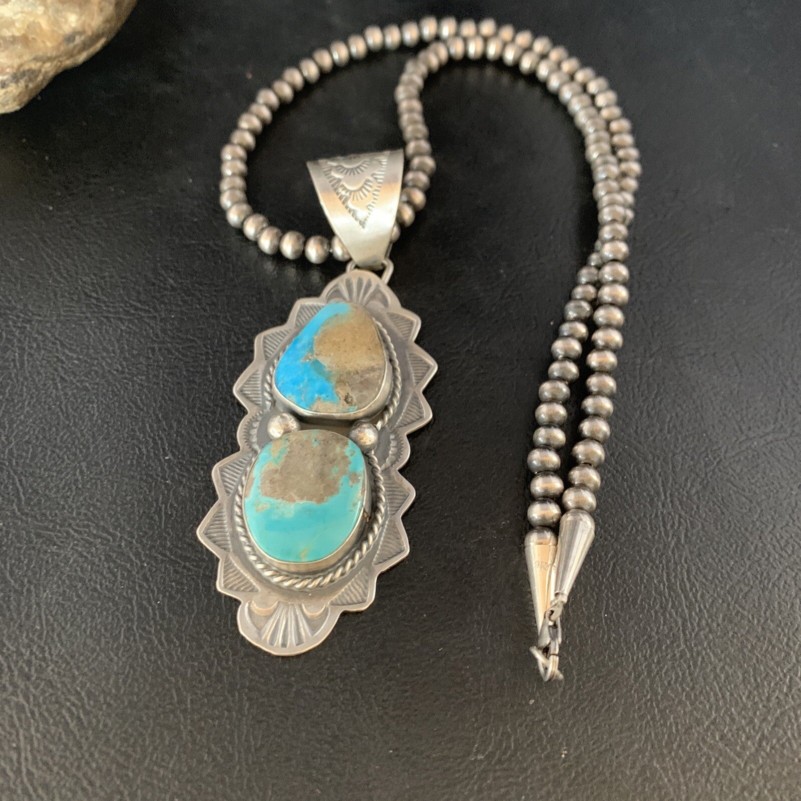 Mens Blue Kingman Turquoise 3" Pendan Sterling Silver Necklace 20" 13997N