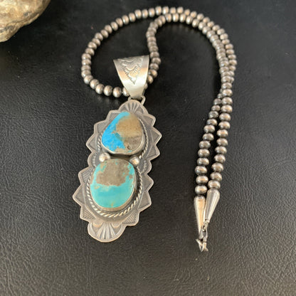 Mens Blue Kingman Turquoise 3" Pendan Sterling Silver Necklace 20" 13997N