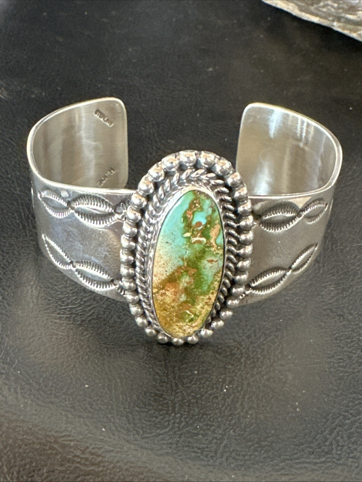 Navajo Green Royston TURQUOISE Stamped Sterling Silver Cuff Bracelet 18642