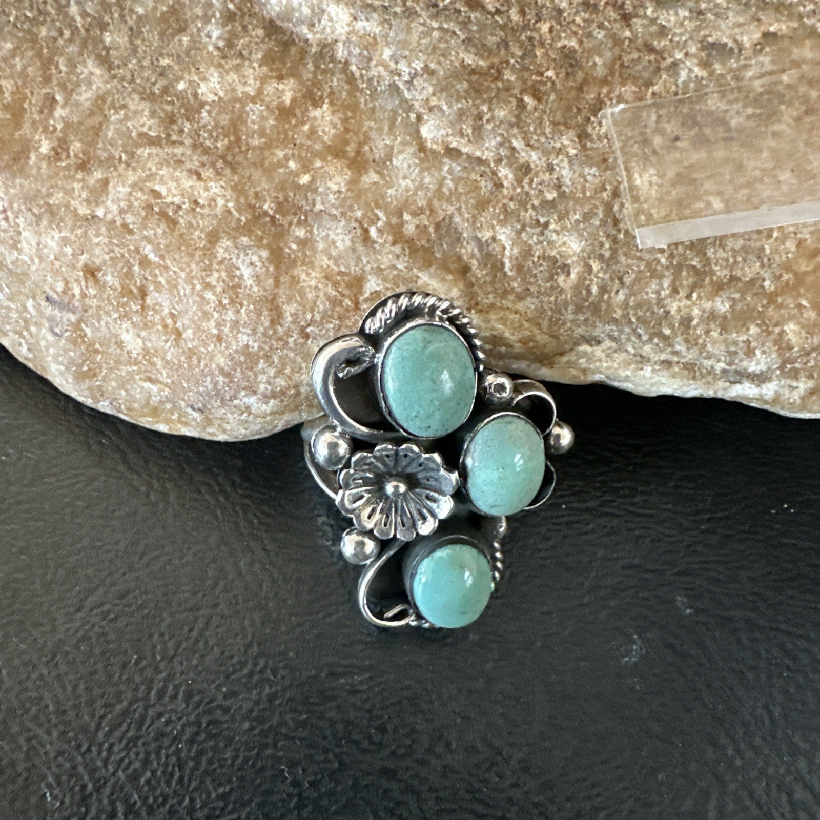 Yazzie Ring Green Turquoise Navajo Sterling Silver Cluster Size 8 19223