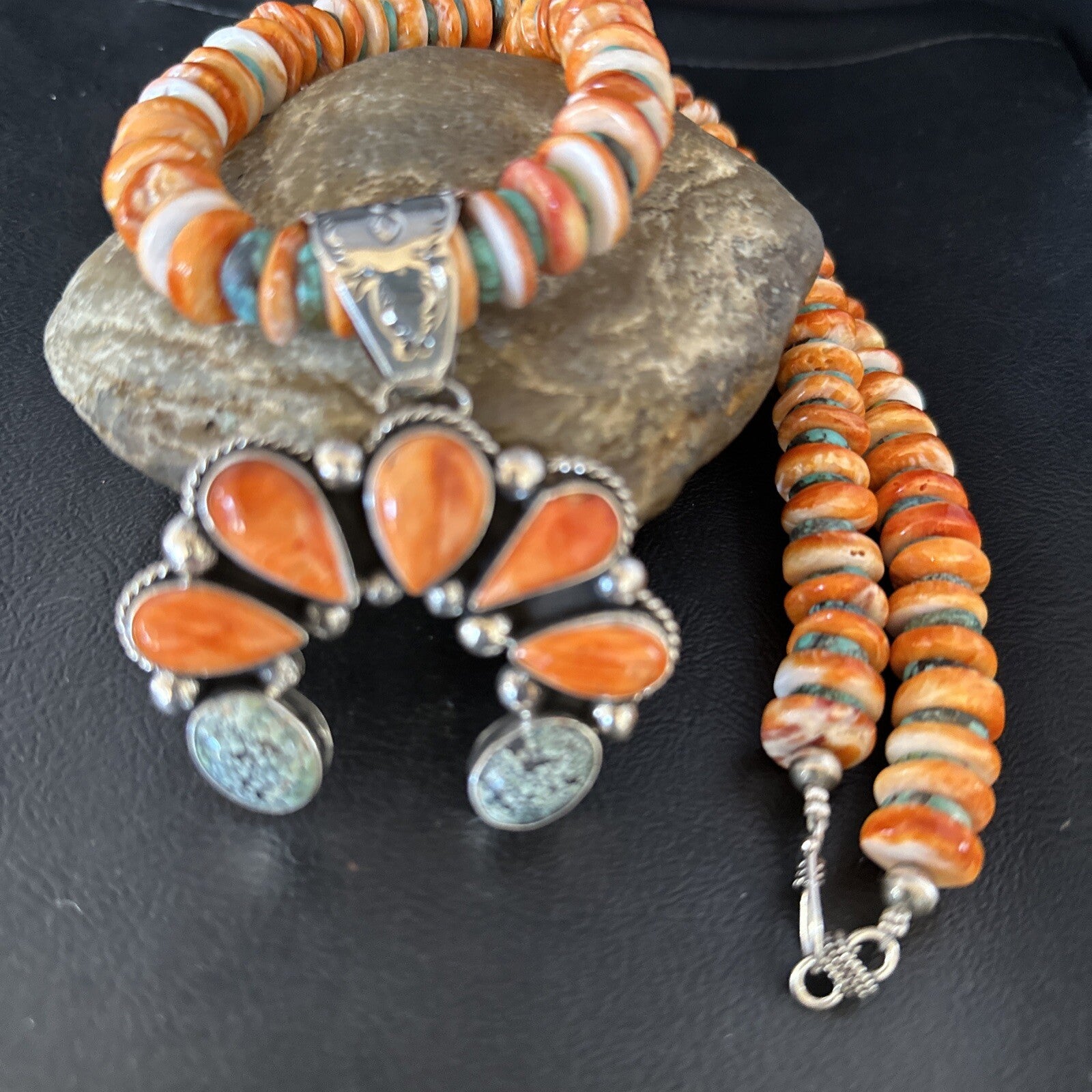 Spiderweb Turquoise & Spiny Oyster Naja Pendant Sterling Silver Necklace 14235