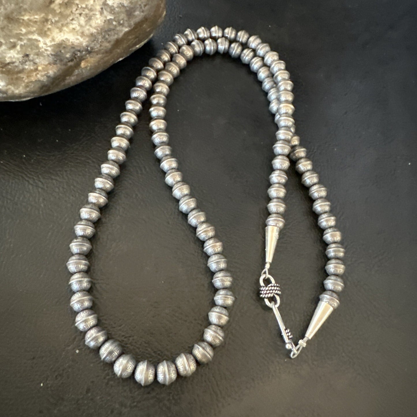 6mm Hand Stamped Navajo Pearls Bench Sterling Silver Necklace 23" 18407