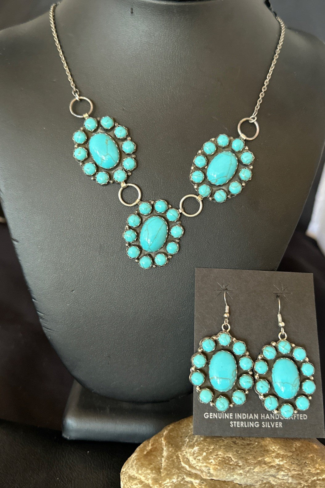 Cluster Lariat Blue Kingman Turquoise Earrings Necklace Pendant Navajo 23" 19112