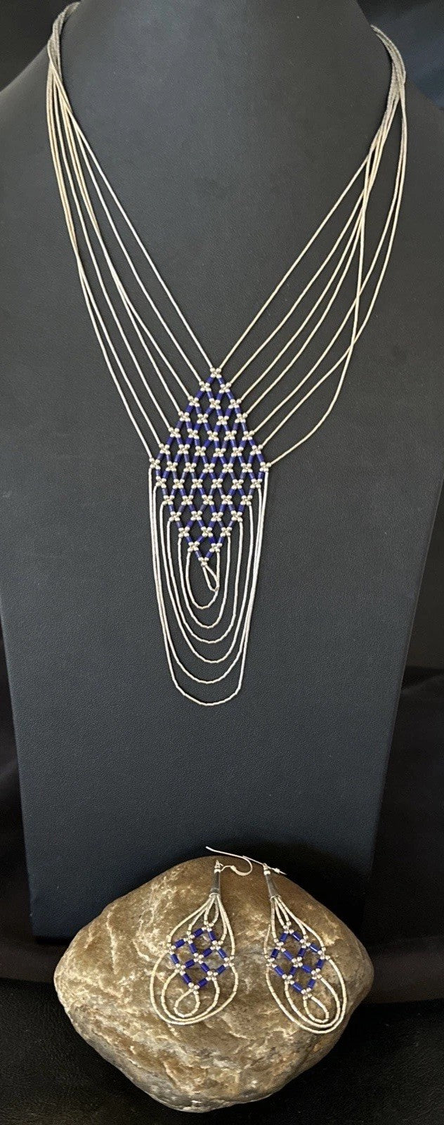 Lapis Heishi Tubes Pendant 7 Strand Sterling Silver Necklace Earrings 19753