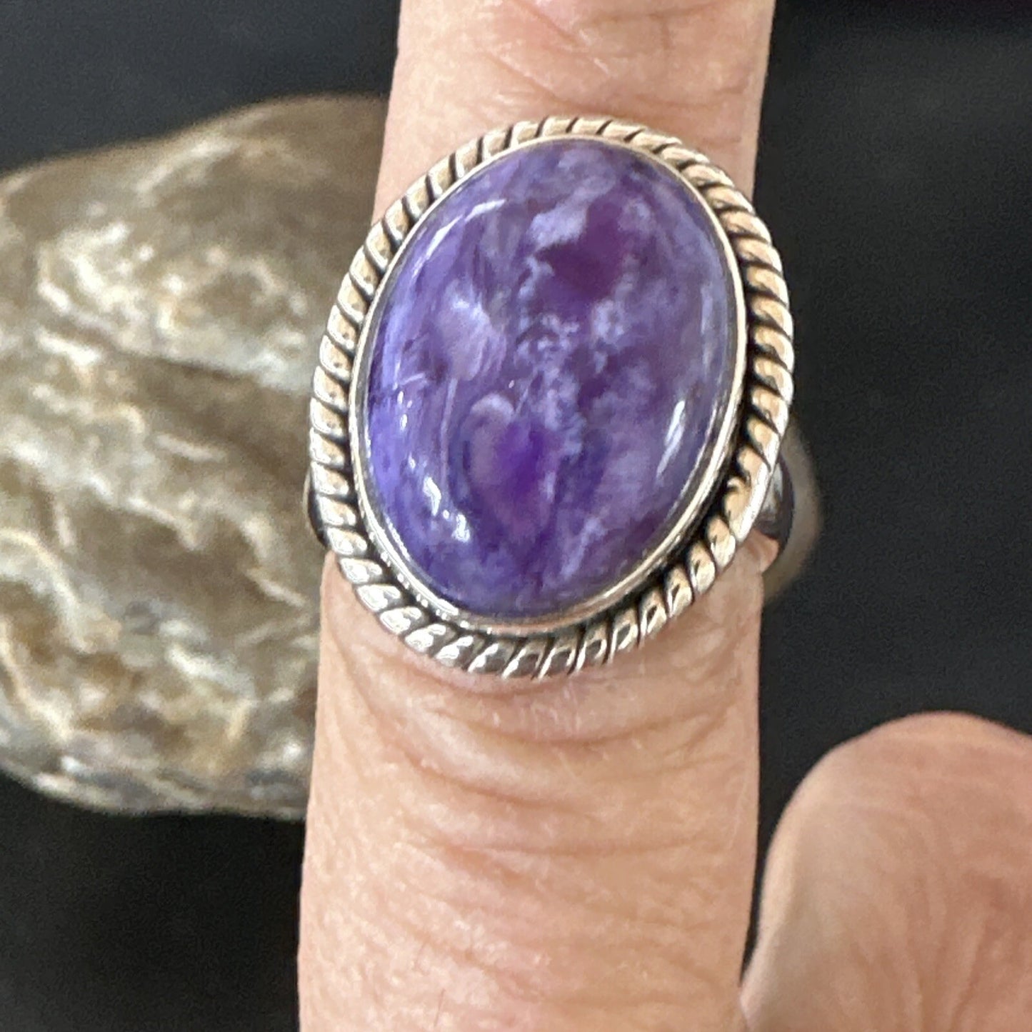 Womens Purple Charoite Navajo Sterling Silver Oval Ring Adjustable Size 9 17245