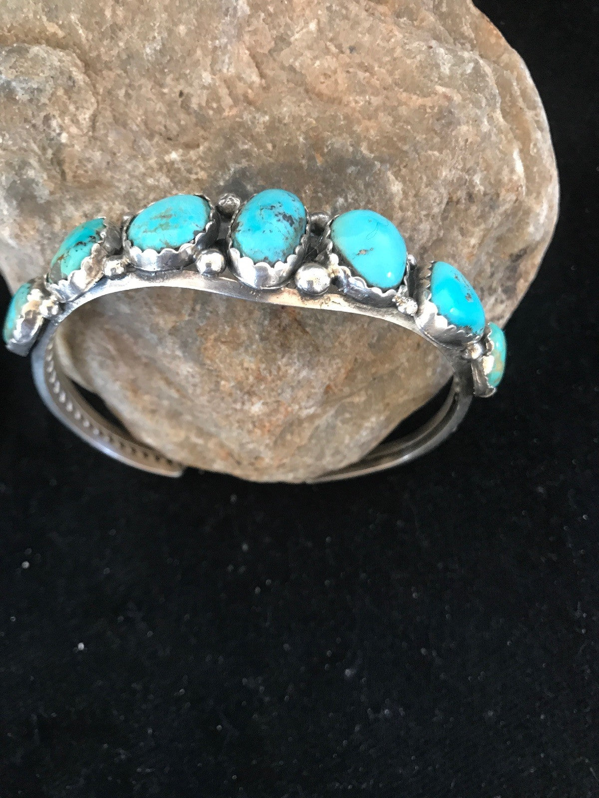 Native Turquoise Navajo Sterling Silver 7 Stone Bracelet Platero 08309