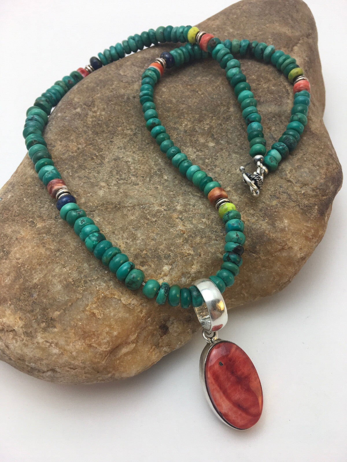 Turquoise & Spiny Oyster Pendant Pueblo Sterling Silver Necklace 08910