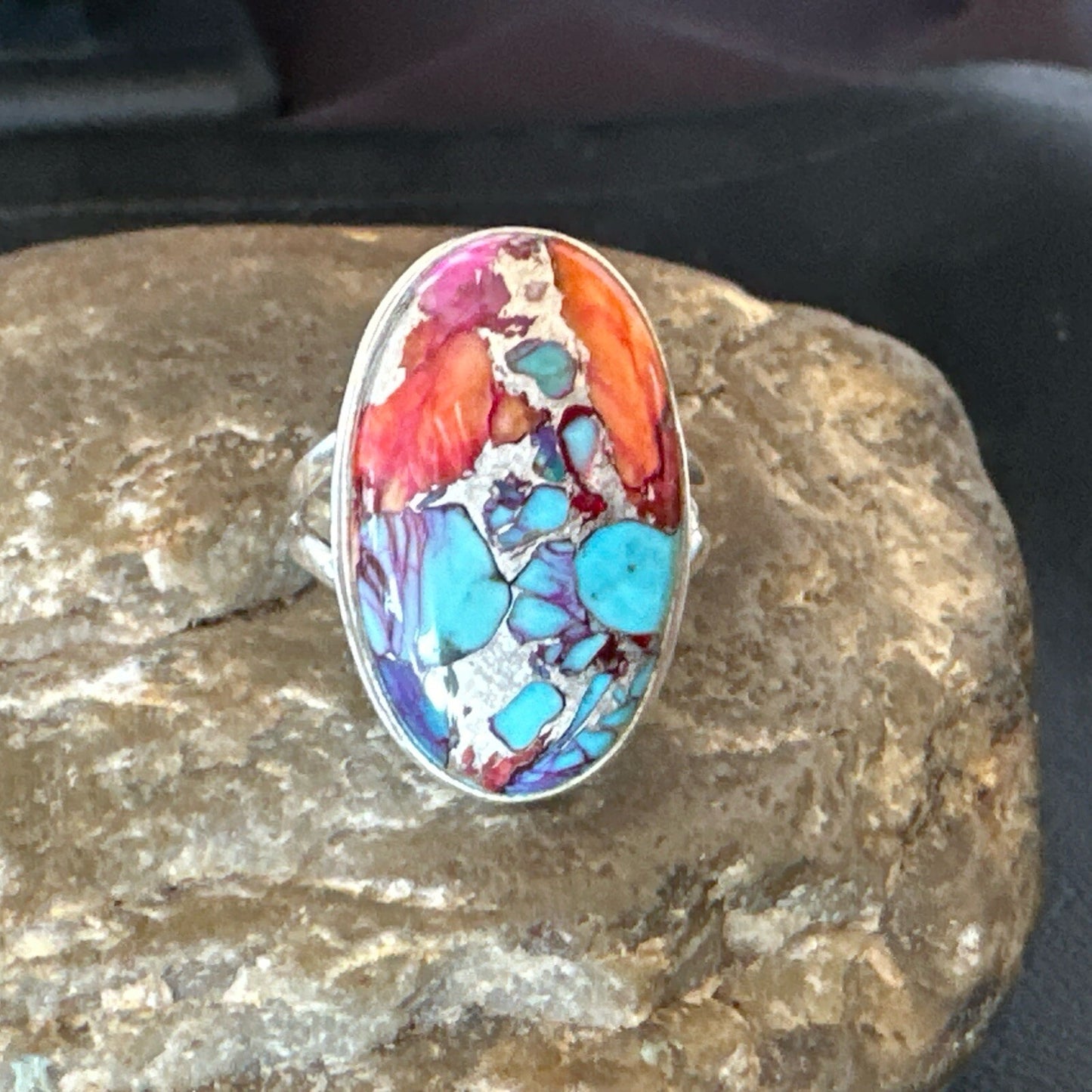 Blue Turquoise Spiny Oyster Southwestern Sterling Silver Ring Size 11 18449