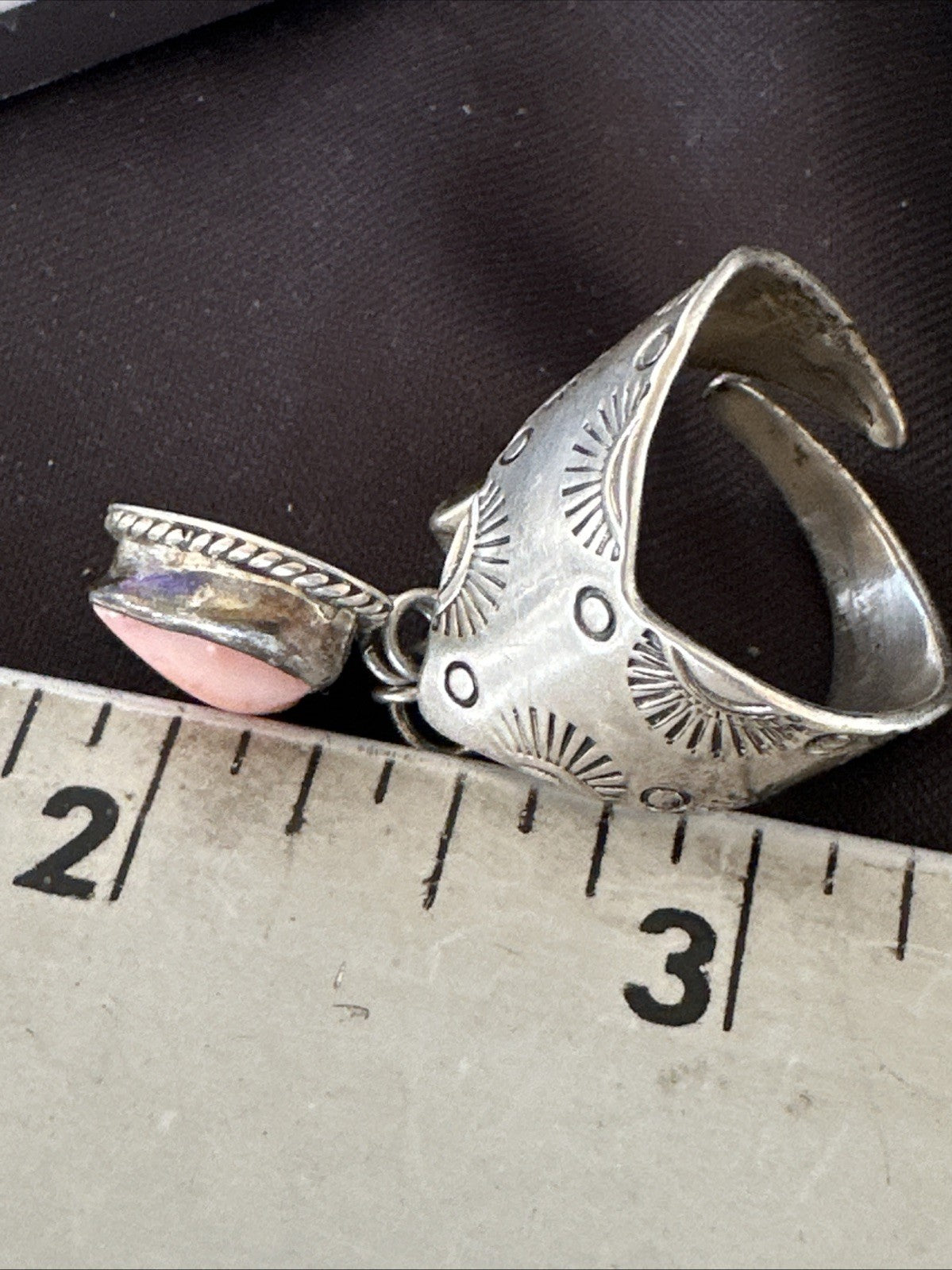Heart Pink Conch Cluster Spiny Stamped Ring Adjustable Navajo Sz 7.5 19202