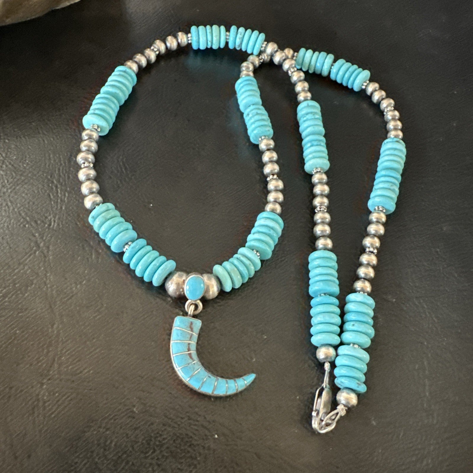 Blue Turquoise Inlay Pendant Navajo Sterling Silver Necklace 19515