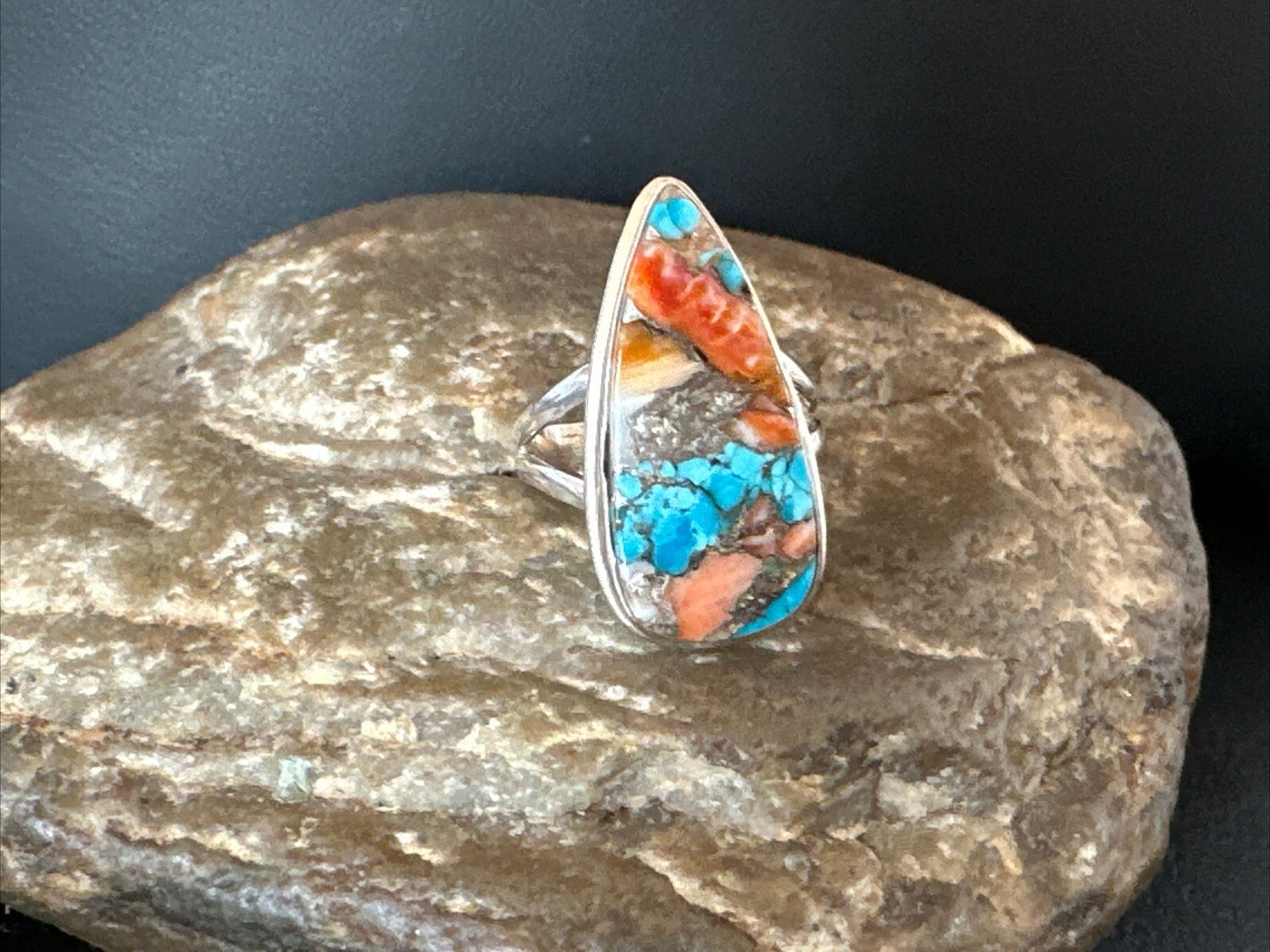 Blue Turquoise Orange Spiny Oyster Navajo Sterling Silver Ring Size 6 18211