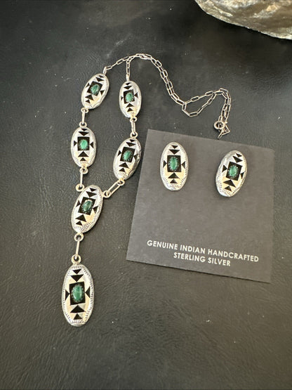 Old Navajo Green Malachite Sterling Silver Shadowbox Necklace Earrings 18”19106