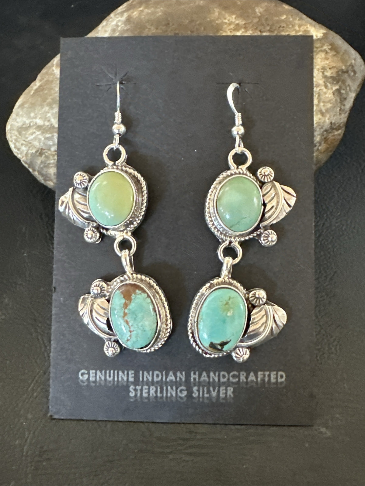 Native Navajo Green Turquoise Sterling Silver Dangle Earrings 2” 17911