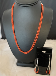 Natural Red Coral Heishi 3 Strands Earrings Necklace 20" | Sterling Silver | Authentic Native American Handmade | 01218