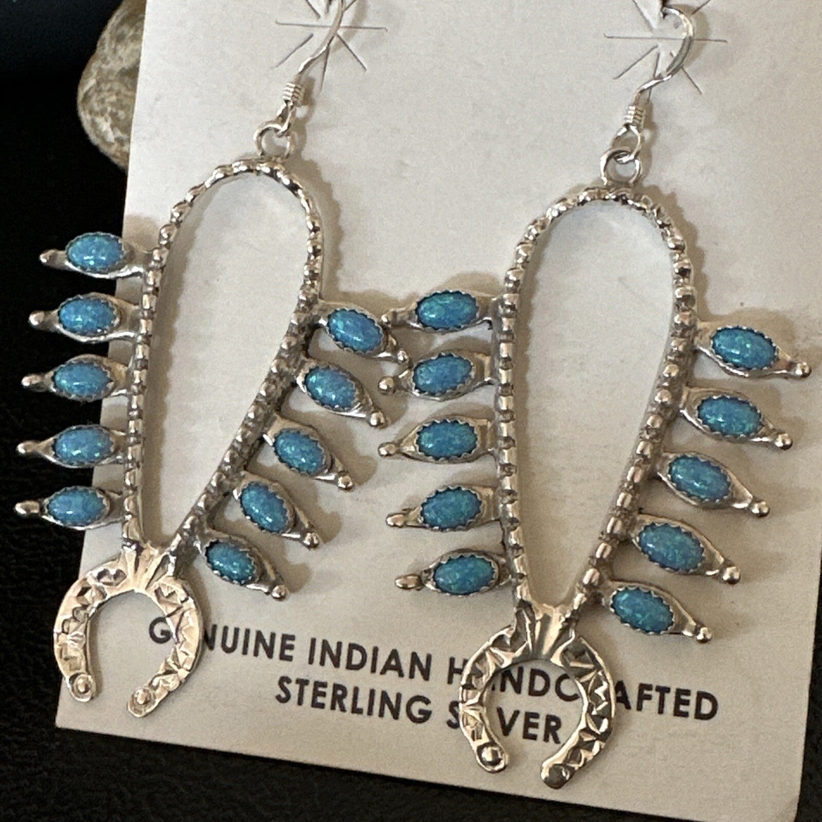 Womens Blue Opal Navajo Squash Blossom Sterling Silver Earrings 18549