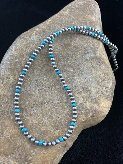 Navajo 4mm Sterling Silver Beads Blue Turquoise Bead Necklace 22”