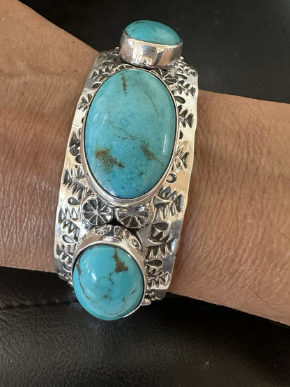 Mens Blue Kingman Turquoise Navajo Sterling Silver Cuff Bracelet 7.5" 19430