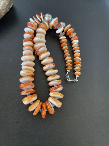 Navajo Turquoise & Orange Spiny Oyster Necklace Graduated 22" 10587