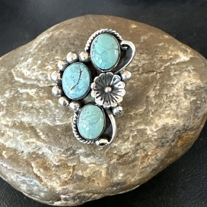 Yazzie Ring Green Turquoise Navajo Sterling Silver Cluster Size 8.5 19235