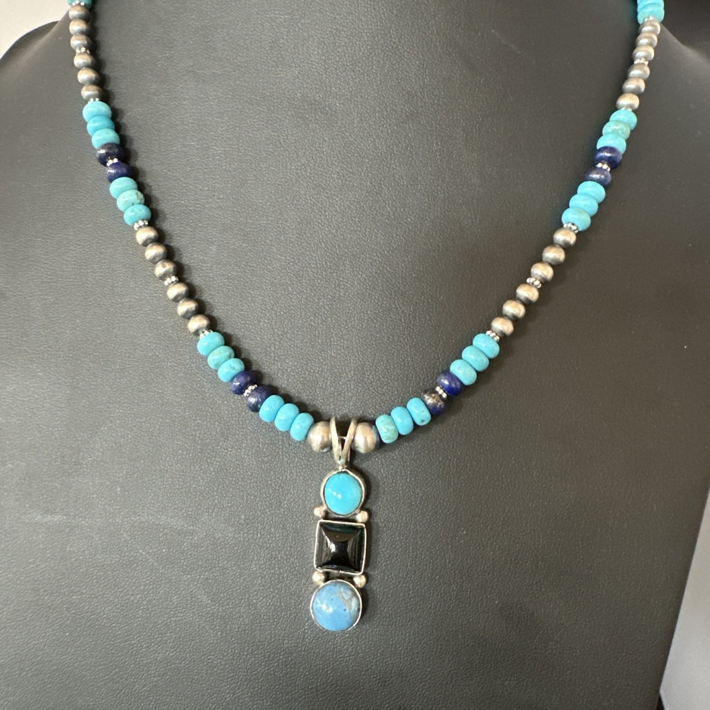Blue Turquoise Lapis Onyx Pendant Navajo Sterling Silver Necklace 19550