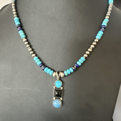 Blue Turquoise Lapis Onyx Pendant Navajo Sterling Silver Necklace 19550