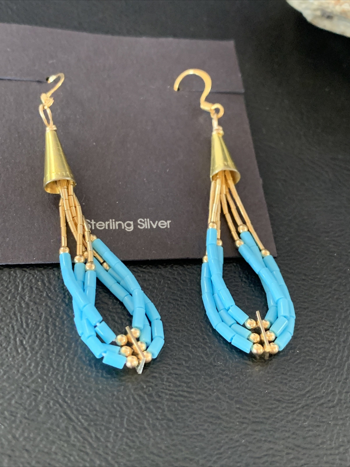 Blue Turquoise Liquid Gold Filled Tubes Dangle Heishi Earrings 2" 13030