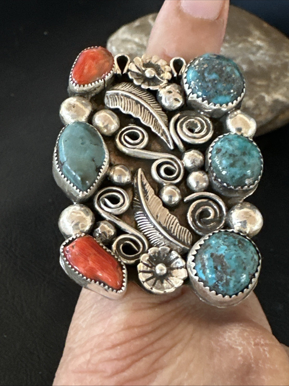 Navajo Blue Turquoise Coral Ring Multi-Stone Cluster Sz 10.5 19779