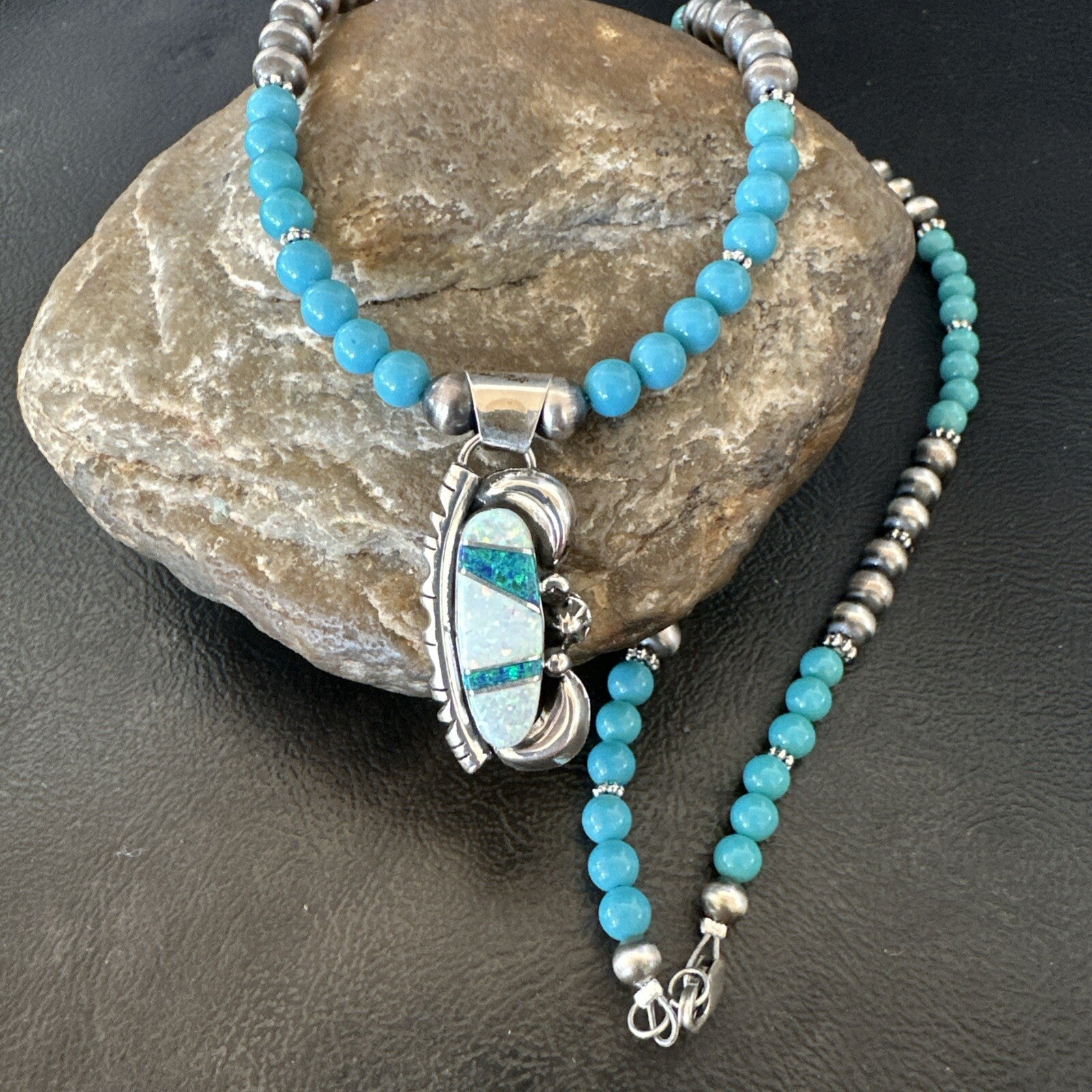 Blue Opal Pendant Turquoise Navajo Sterling Silver Necklace 23" 18735