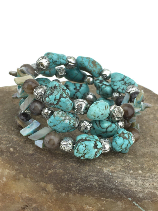Blue Turquoise Navajo Stainless Steel Wire Bracelet | Authentic Native American Handmade | 01318