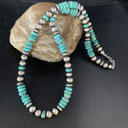 Men's Women's Blue Turquoise Navajo Pearls Necklace 21" | Sterling Silver | Authentic Native American Handmade | 92507