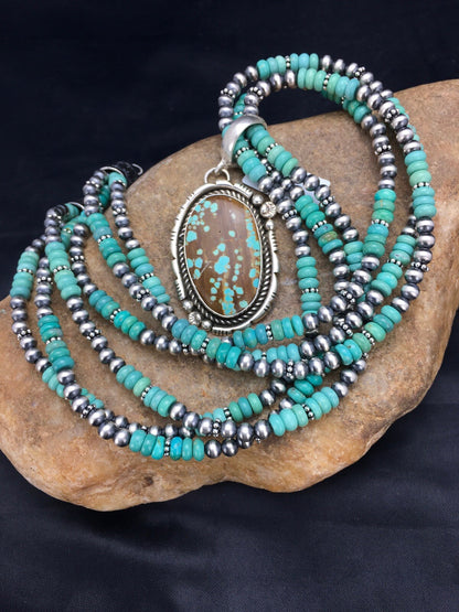 Spider Web Turquoise Pendant Navajo Sterling  Silver Bead 3 Strand Necklace 21in