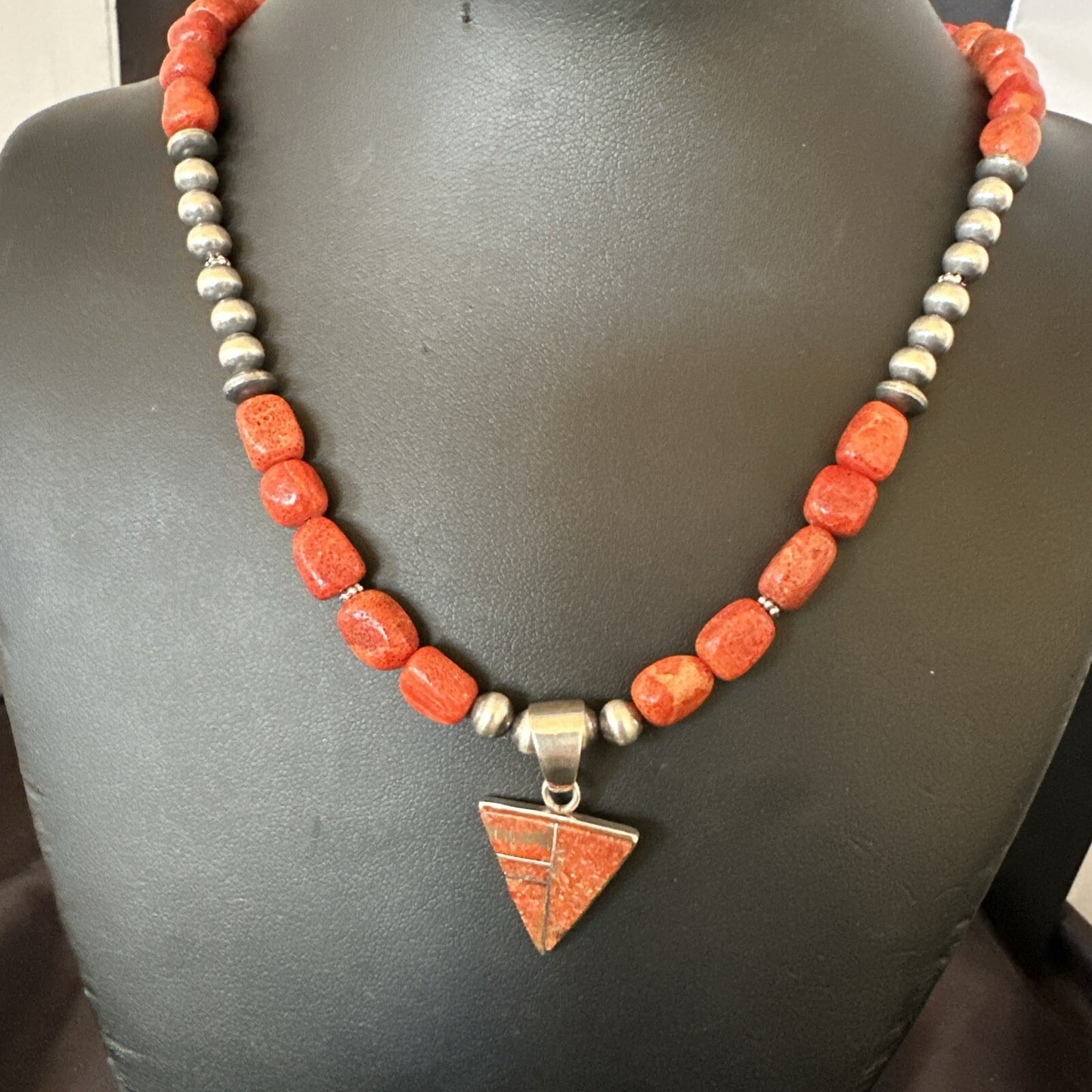 Navajo Apple Sponge Coral Sterling Silver Necklace Inlay Pendant 21” 18684
