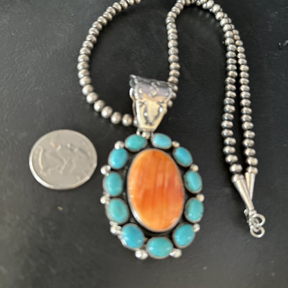 Blue Cluster Kingman Turquoise Sterling Orange Spiny Oyster Pendant 14354