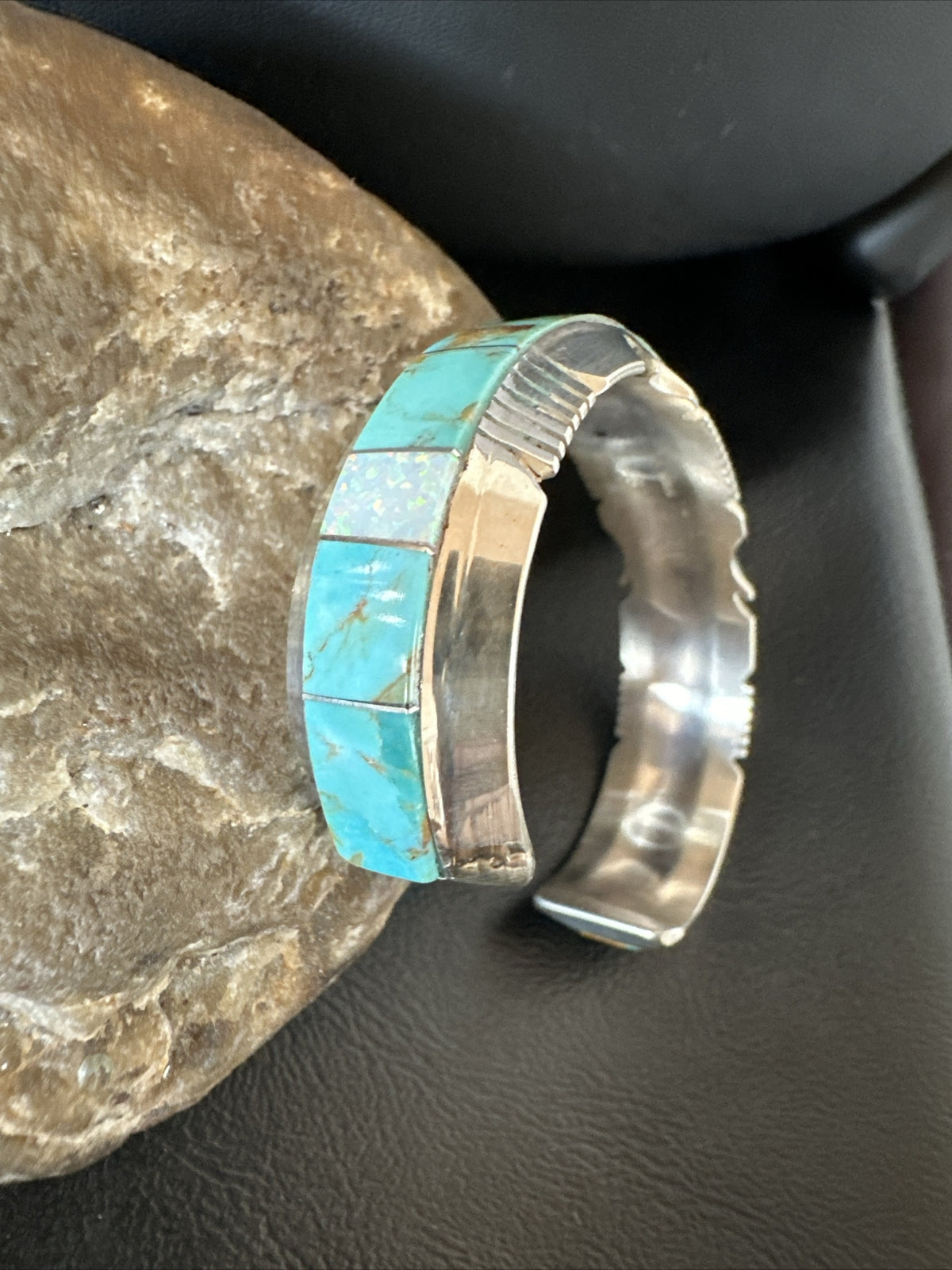 Blue Turquoise Opal Navajo Sterling Silver Cuff Inlay Bracelet 17957
