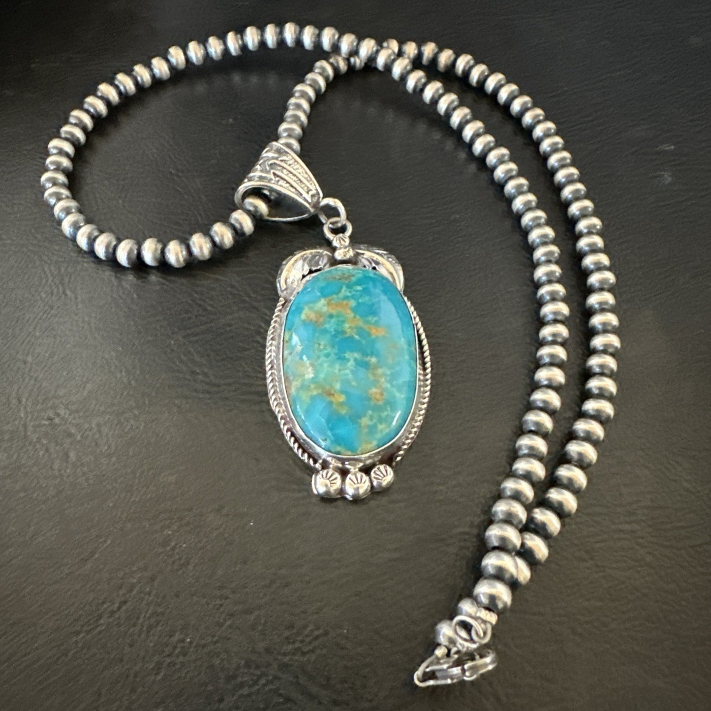 Mens Blue Kingman Turquoise Pendant Navajo Pearls Sterling Silver Necklace 19344